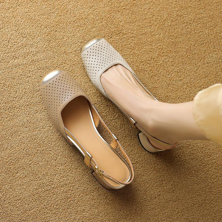 真皮时尚百搭2025年夏新款尖头浅口百搭单鞋女粗跟镂空包头凉鞋女