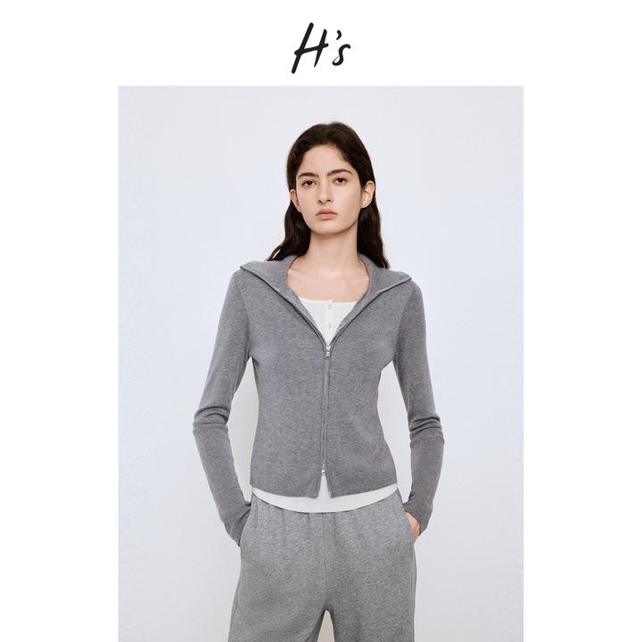 H'S假两件翻领针织开衫女25新款双开拉链休闲显瘦上衣