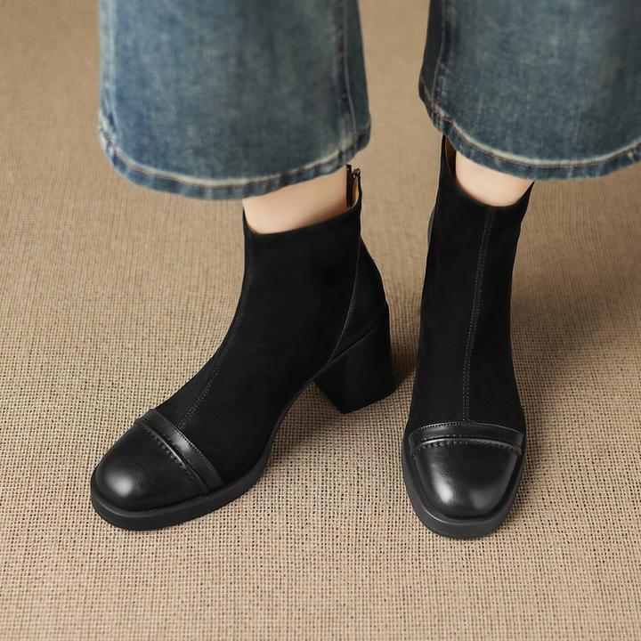 法式复古真皮高跟短靴女秋冬加绒靴子粗跟女靴马丁靴拼接绒面短靴