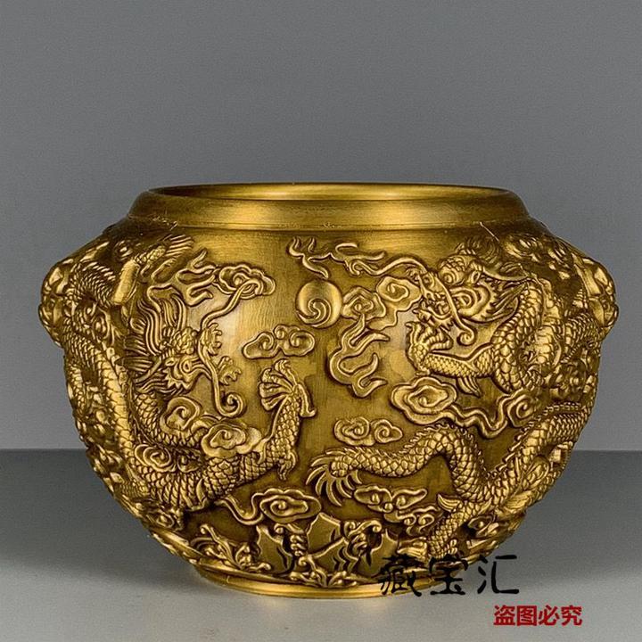 农村老物件九龙茶叶罐储蓄手工民间藏品旧物浮雕双狮耳缸桌面摆件