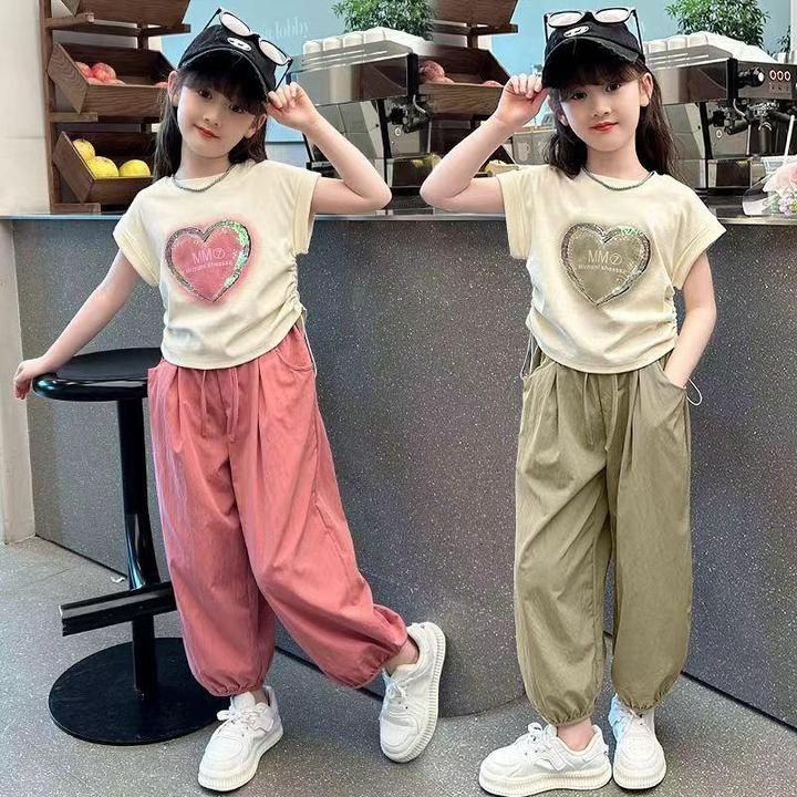 巴拉开门女童夏装套装2025新款夏季儿童大童女孩抽绳短袖恤九分裤