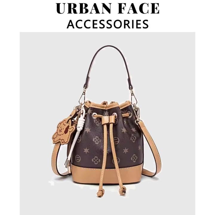 【徐璐同款】URBAN FACE印花抽绳水桶包女复古手提包大容量斜挎包潮
