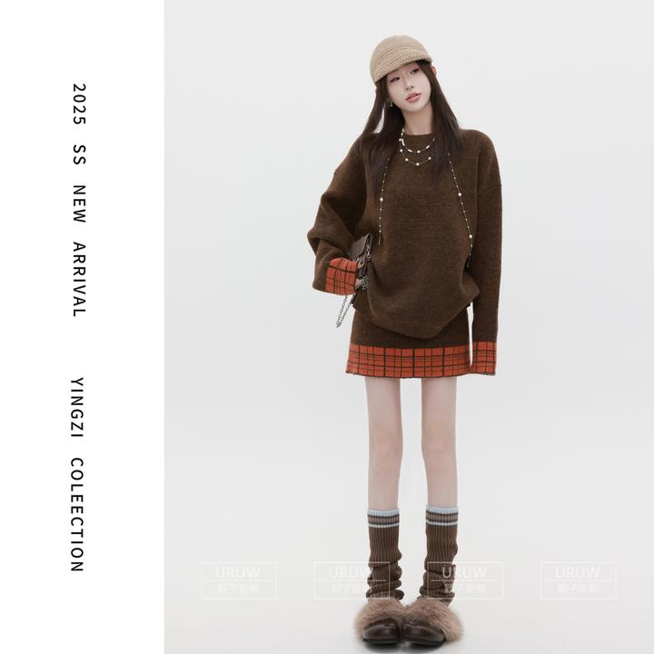 颖子定制【暮色漫游】复古简约撞色圆领毛衣休闲风百搭高腰短裙2175