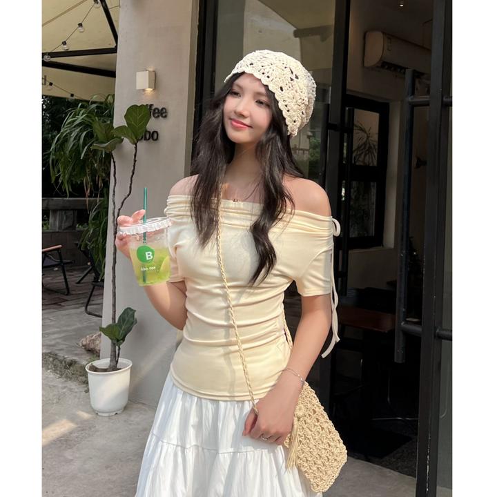 由子衣舍/Youzi Atelier蝴蝶系带露肩荡领短袖气质T恤设计感短袖