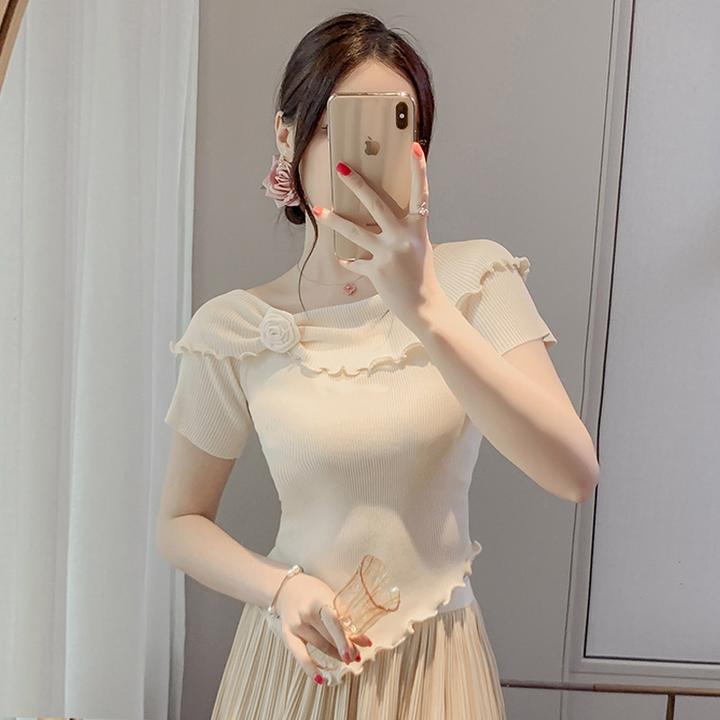 法式时尚一字肩两穿打底衫女夏季2025新款不规则甜美针织恤上衣