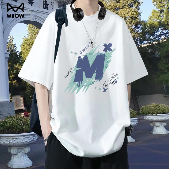 MiiOW/猫人男生纯棉短袖T恤透气夏天学生青少年休闲宽松重磅半袖