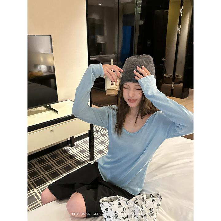 THEISSN宁司 V领卷边长袖T恤早秋韩系休闲上衣 01226