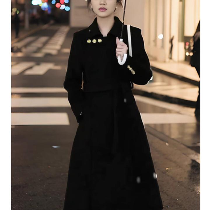 黑色双面羊毛大衣女2025秋冬季新款高级感赫本风正肩全羊毛呢外套