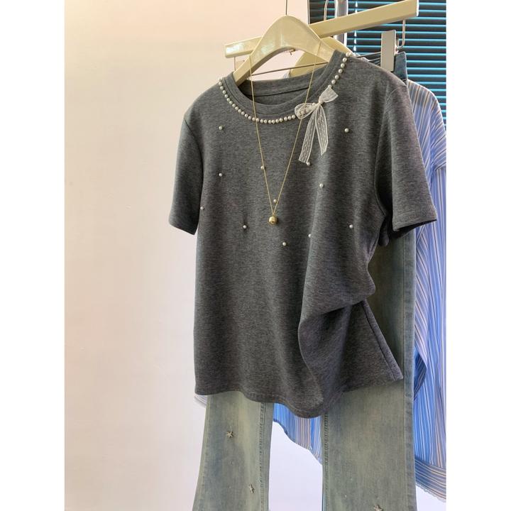 上灰色重工钉珠短袖T恤女夏新款蕾丝蝴蝶结圆领体恤韩系正肩