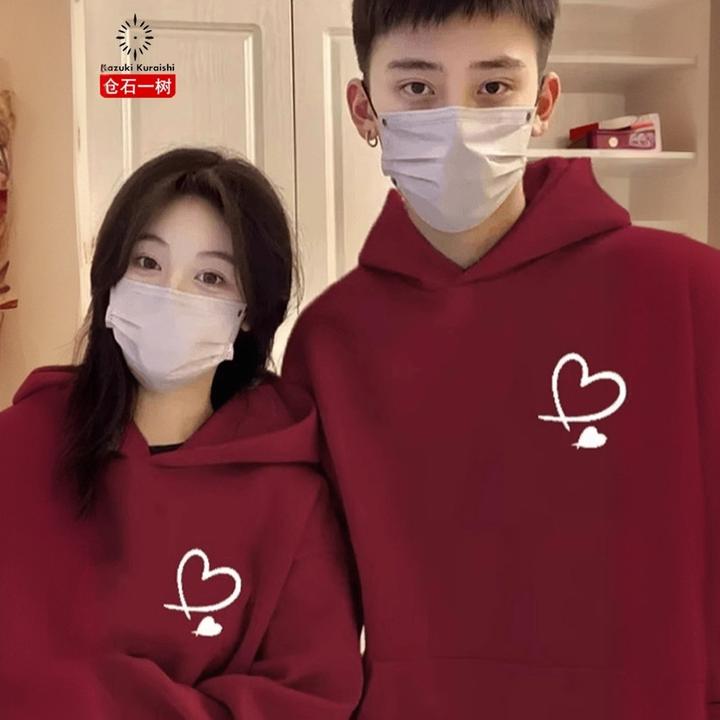 仓石一树2025秋冬新款酒红色加绒连帽卫衣男爱心情侣卫衣男士上衣