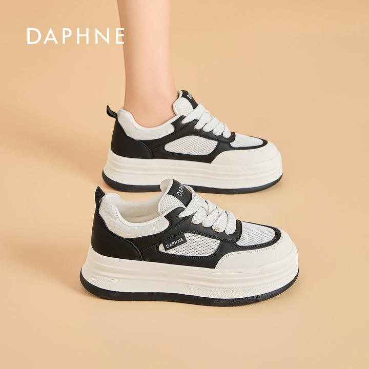 达芙妮厚底网面黑白板鞋女2025秋季新款运动休闲鞋百搭系带增高鞋