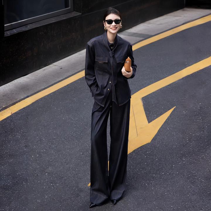 老钱风复古港风时尚套装秋季新款设计感牛仔领巾外套阔腿裤两件套
