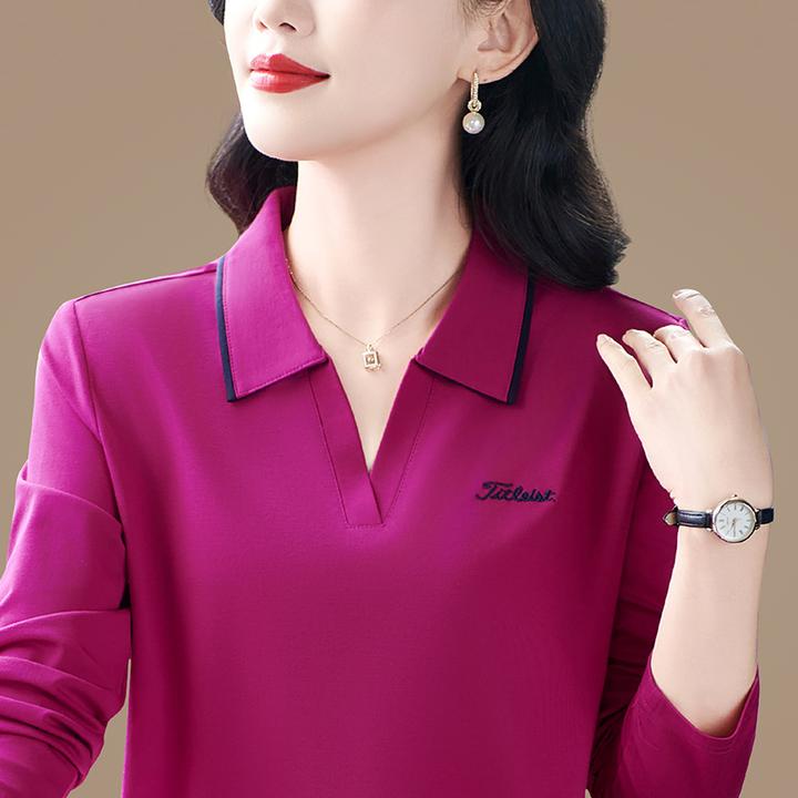 品牌妈妈长袖t恤女春秋装2025新款翻领洋气中年女气质薄款上衣