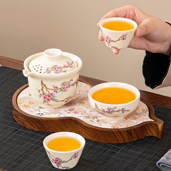 女士专用高颜值茶具桃花快客杯陶瓷便携户外旅行茶具套装一壶三杯