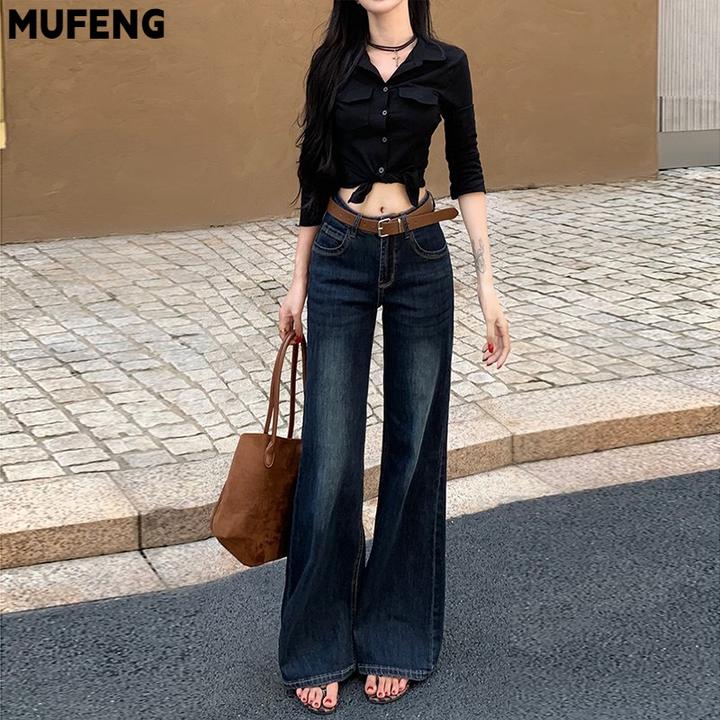 美式不贴腿知性微喇牛仔裤女2025夏季新款修身显瘦复古蓝长裤子