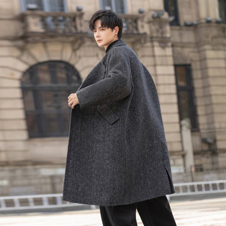 宽松型西装领冬季中长款毛呢大衣男装帅气外套呢大衣大码男士休闲