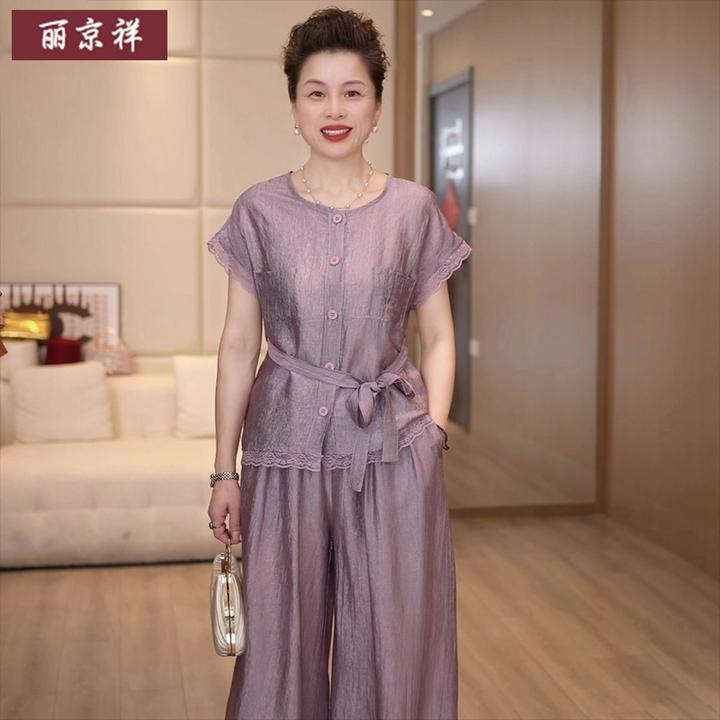 妈妈夏装短袖小衫洋气套装2025新款中老年女装时尚t恤上衣两件套