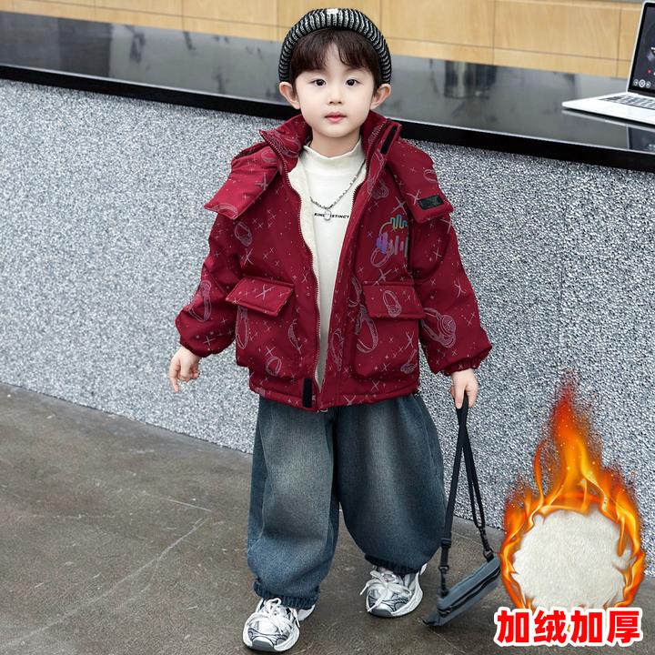 男童加绒外套秋冬款2025新款儿童冬装红色棉衣宝宝加厚派克棉服潮