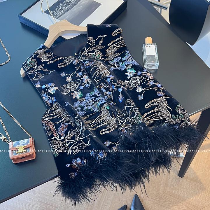 轻奢高端新中式国风刺绣丝绒马甲背心女春秋新款外搭气质拼接上衣