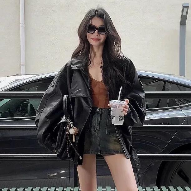 黑色皮衣宽松休闲夹克春秋百搭炸街女款外套气质皮衣外套女机车