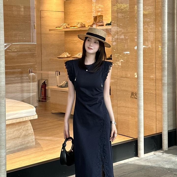 LUOZHIYIN/罗知音R123168W蕾丝拼接连衣裙新中式收腰国风开叉裙子