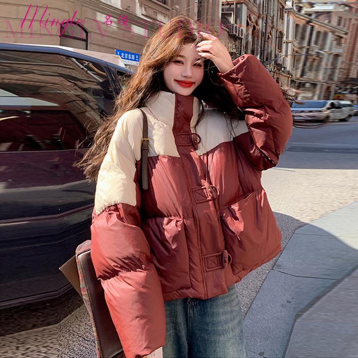 红色短款羽绒服女冬2025新款撞色学院风加厚爆款面包服小个子外套