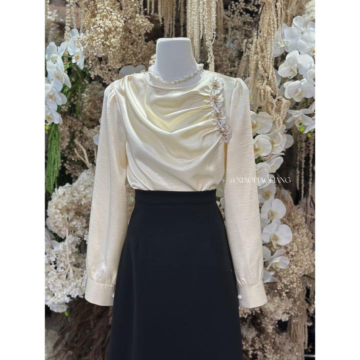 时尚高级感轻奢重工花朵衬衣小众压褶宽松显瘦百搭上衣6108#0.1