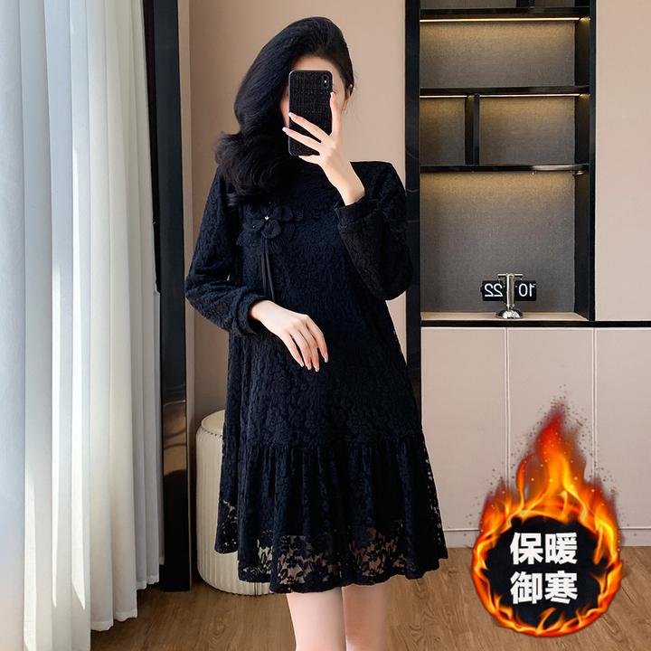 冬新款复古刺绣荷叶边大码宽松减龄遮肚显瘦蕾丝打底连衣裙女