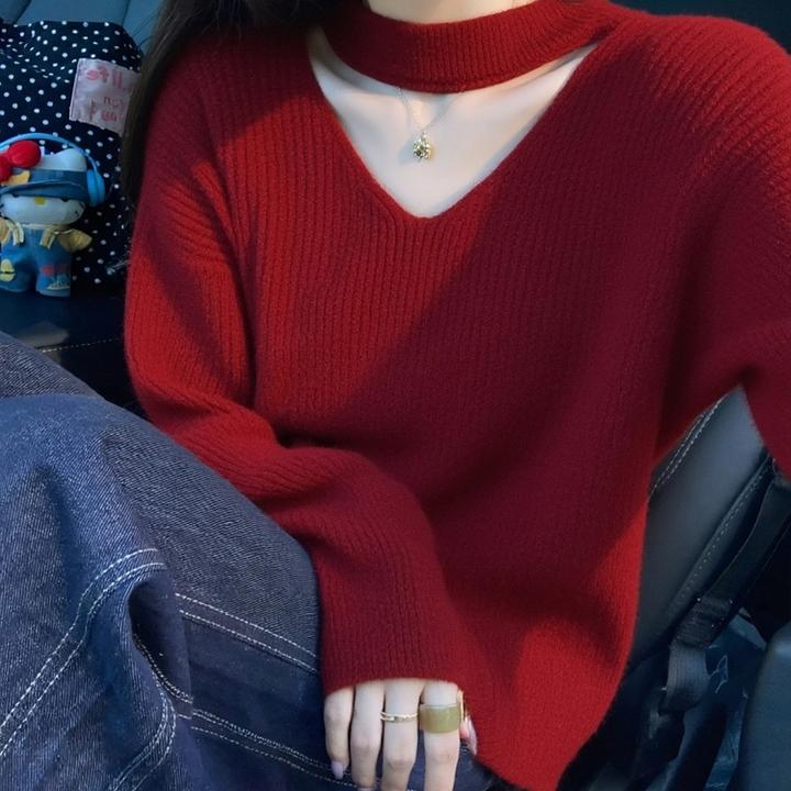 韩系独特漂亮红色挂脖针织衫女2025秋冬新款气质优雅百搭显瘦毛衣