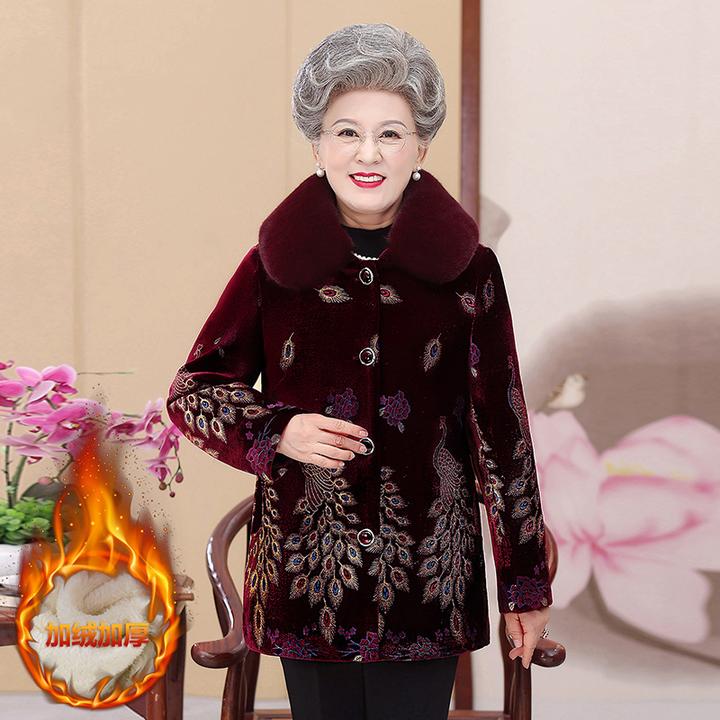老年人奶奶冬季棉衣女妈妈冬装中长款毛领加绒加厚棉袄外套6080