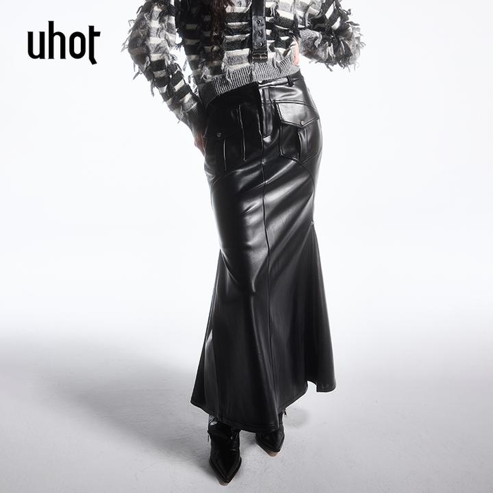 UHOT/诱货黑色环保皮轻熟包臀鱼尾裙女经典显瘦高雅保暖UWFW2Q290