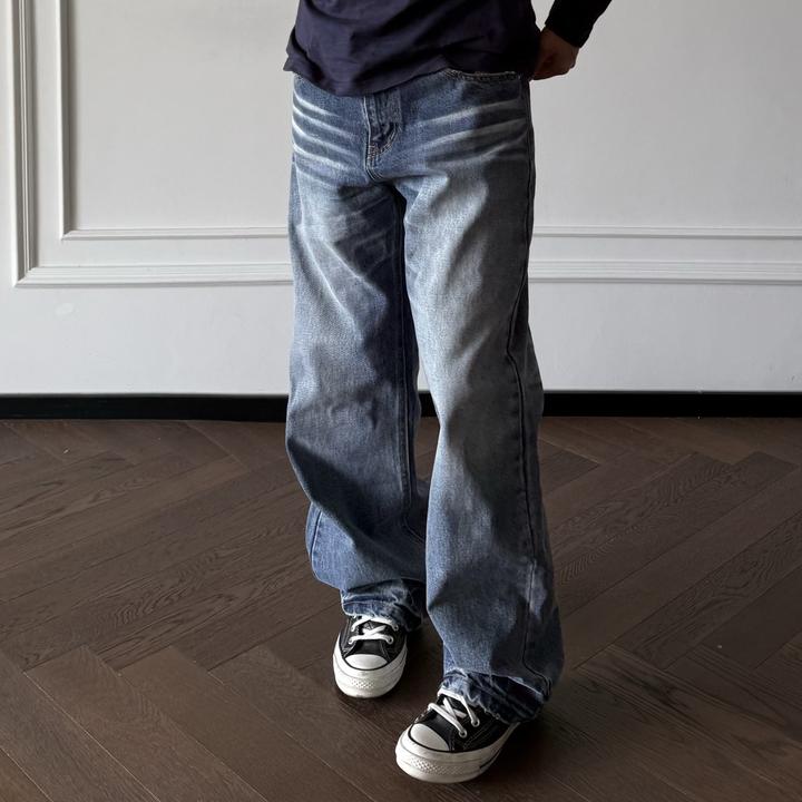 ''TZG ''15OZ猫须纹立体蓝牛水洗蜂窝牛仔直筒男女复古做旧长裤