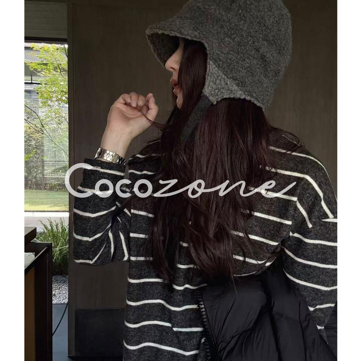 COCO ZONE刘 一一 “灰白条纹”撞色条纹圆领长袖T恤 CD2A3007