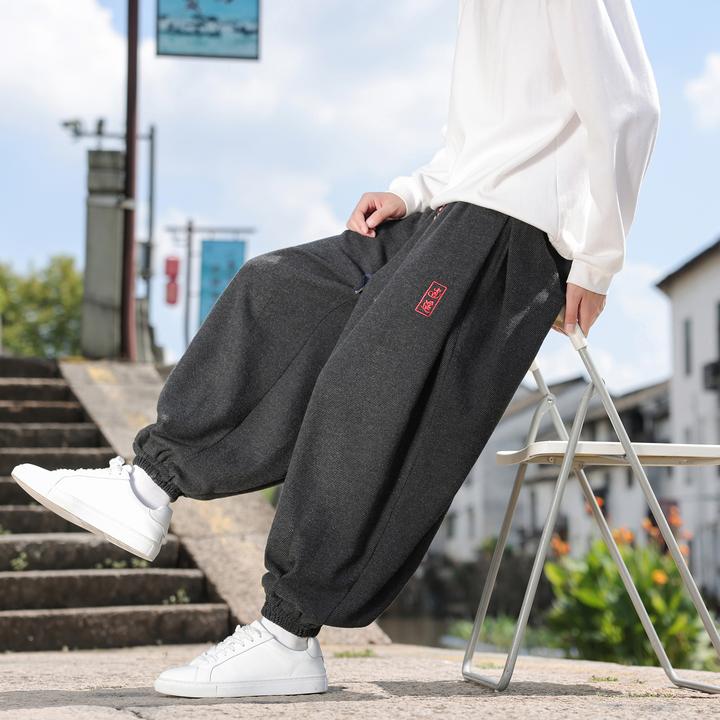 新中式复古加厚毛呢休闲裤男秋冬季中国风刺绣宽松高级感哈伦长裤