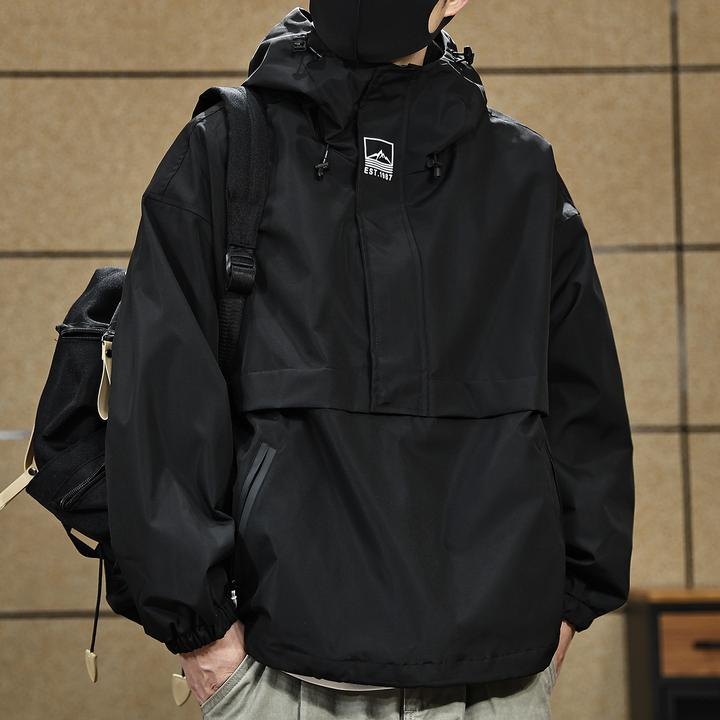 户外美式连帽冲锋夹克男春秋季半拉链工装外套男防风防水登山服男