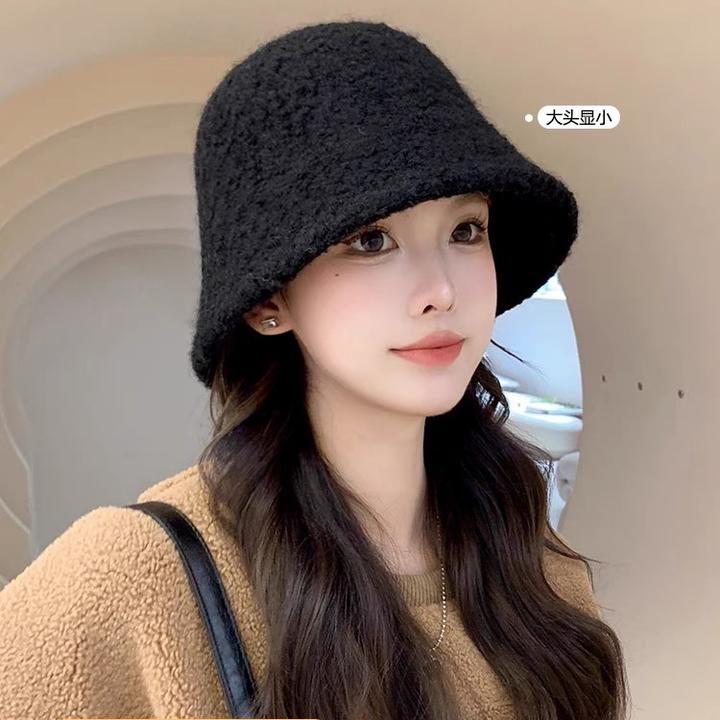 渔夫帽冬天秋冬大脸毛绒冬款黑色高级保暖帽子冬天秋冬高级帽子