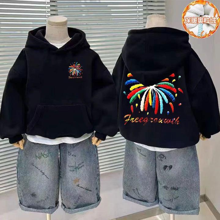 儿童洋气女童百搭男童新款宝宝印花加绒连帽卫衣秋冬休闲上衣潮流