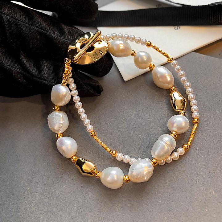 铜合金仿珍珠项链 7柒天然珍珠巴洛克轻奢小众精致高级感双层手链