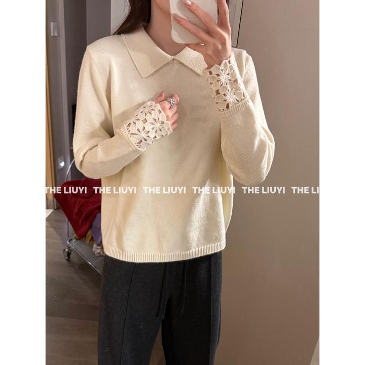 【LIUYI】兔毛羊毛混纺翻领袖口钩花毛衣511294