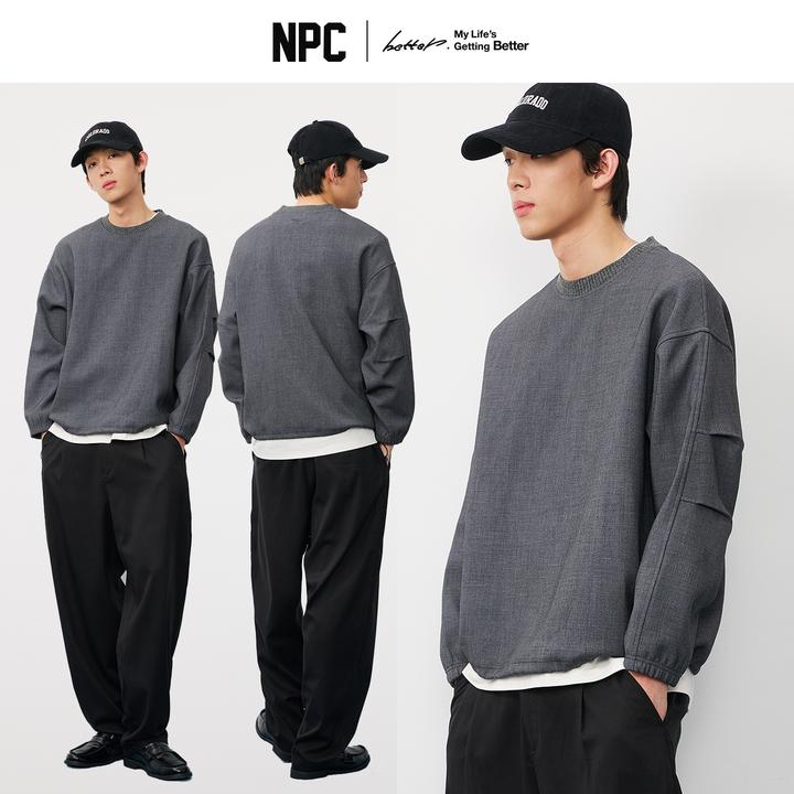 NPC潮牌袖子打褶撞色针织螺纹领口长袖卫衣男圆领休闲NP58ST22