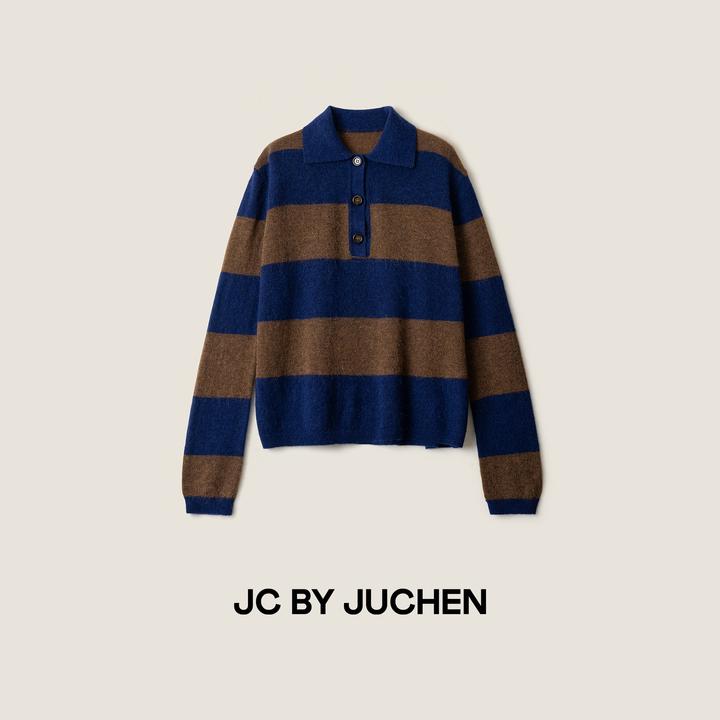 “空谷幽兰”羊驼羊毛混纺蓝棕宽条纹polo领针织毛衣 FW108049-195