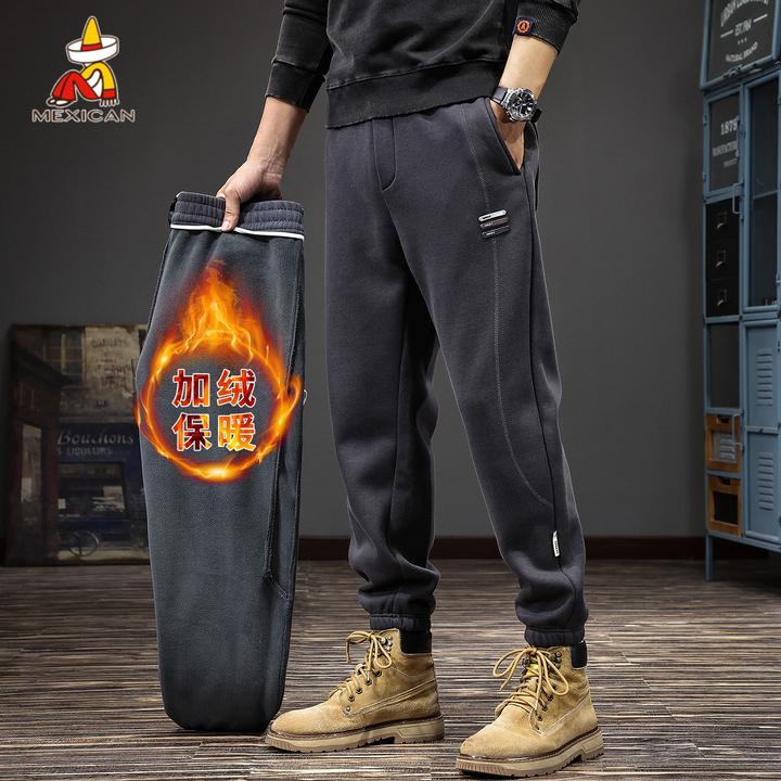 Mexican/稻草人秋冬款加绒束脚休闲裤男款简约运动长裤男士裤子潮