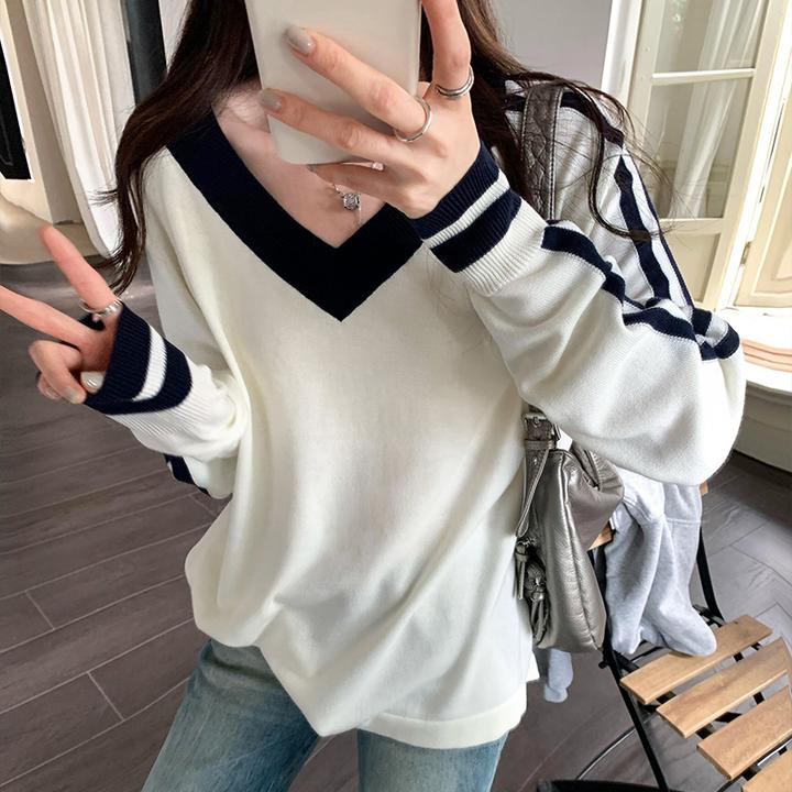 韩系宽松V领撞色条纹内搭打底衫女秋冬季新款设计感气质杏色上衣