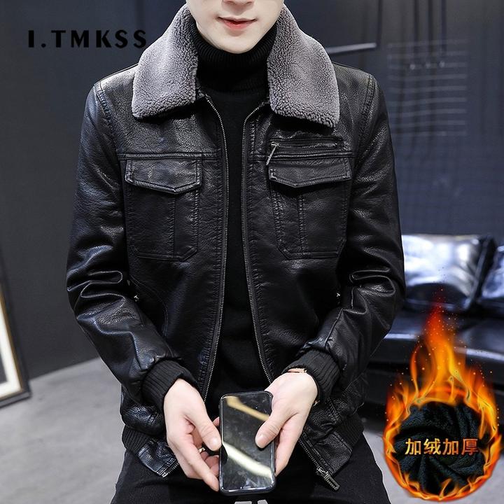 I.TMKSS冬季皮衣男翻领皮夹克青年休闲加绒时尚皮外套新款秋冬装
