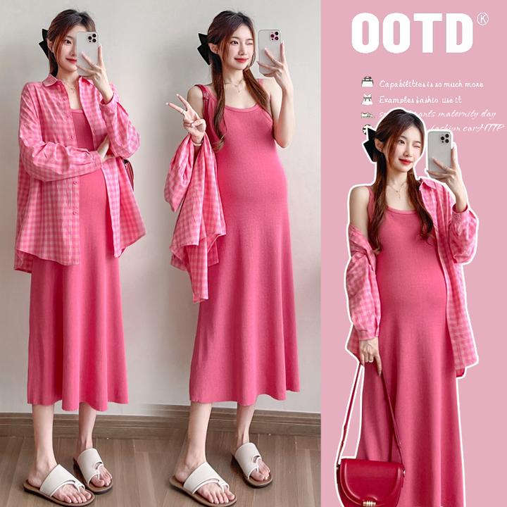 没怀孕也能穿 2025春季孕妈设计感格子长袖衬衣针织吊带裙长裙