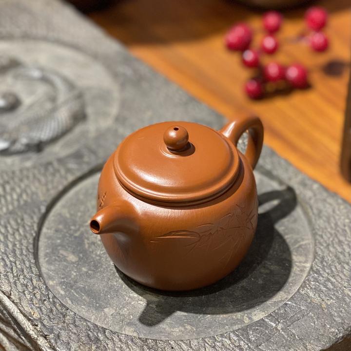 宜兴全手工紫砂壶匏尊壶140cc宜兴原矿小煤窑朱泥刻绘竹叶与小字