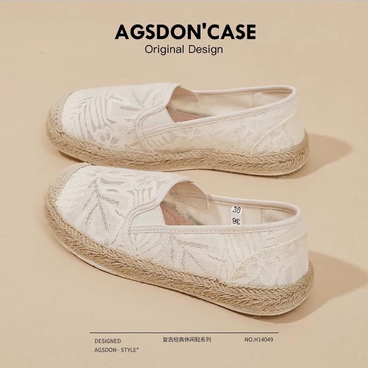 奥古狮登渔夫鞋女2026新款春夏季薄款透气网面一脚蹬平底帆布鞋H