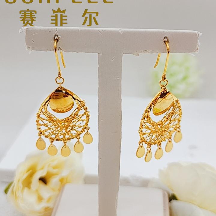 赛菲尔足金999复古民族风波西米亚绕丝几何流苏黄金耳饰轻奢风5G