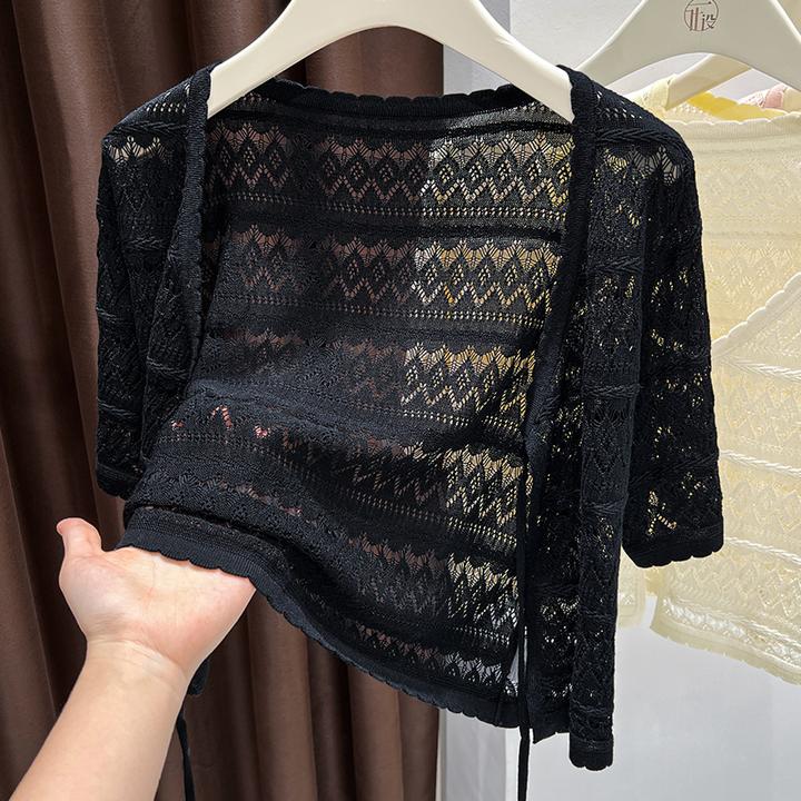 黑色贵气时髦别致百搭针织小开衫镂空花纹系带开领披肩女装外搭