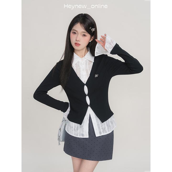 黑妞原创设计假两件撞色拼接蕾丝长袖t恤显瘦喇叭袖上衣WP115AHN